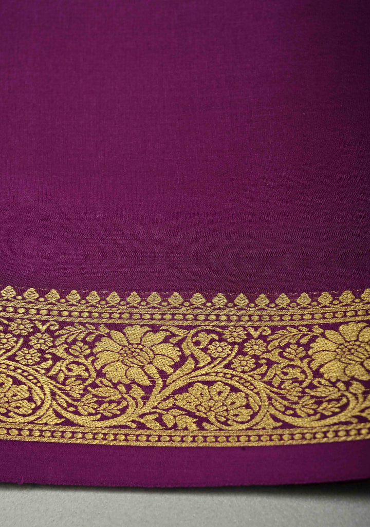Eggplant Purple Mysore Silk Saree with Minimal Floral Zari Border  | SILK MARK CERTIFIED | SHOBITAM