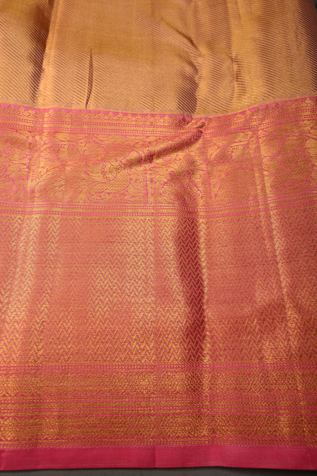 Turquoise-Gold Pure Kanjivaram Tissue Silk Saree with Meenakari Pashmina Style Brocade and Contrast Wide Zari Border | SILK MARK CERTIFIED | SHOBITAM