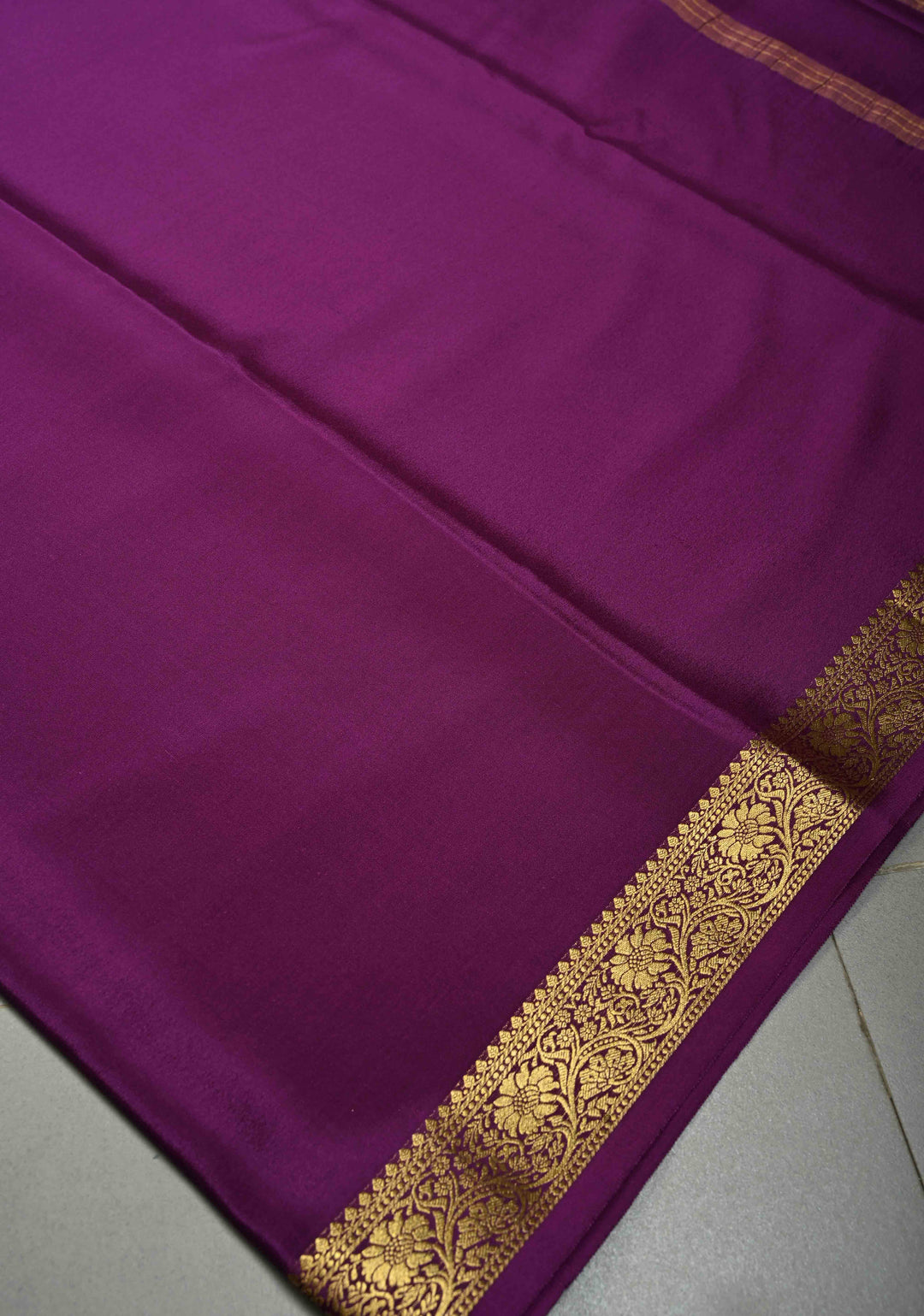 Eggplant Purple Mysore Silk Saree with Minimal Floral Zari Border  | SILK MARK CERTIFIED | SHOBITAM