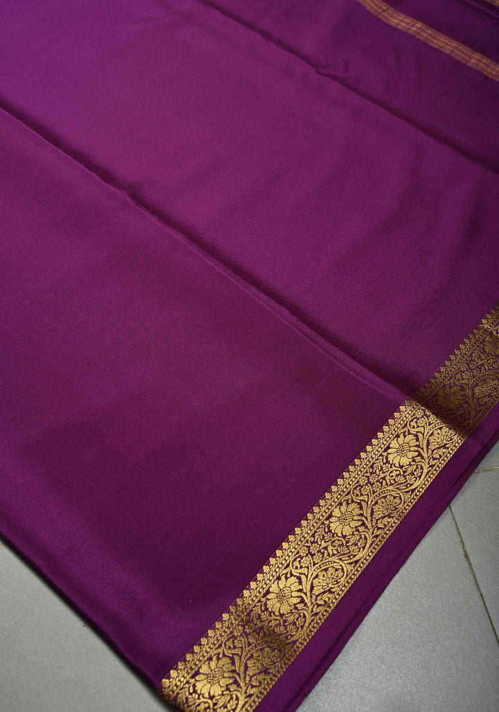 Eggplant Purple Mysore Silk Saree with Minimal Floral Zari Border  | SILK MARK CERTIFIED | SHOBITAM