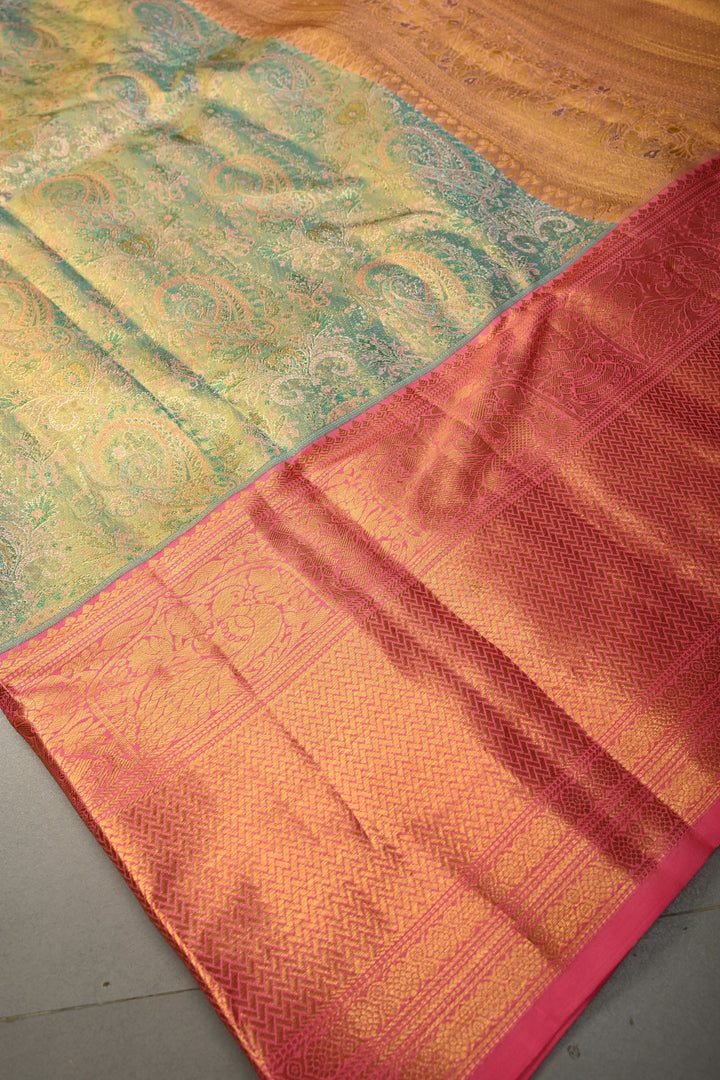 Turquoise-Gold Pure Kanjivaram Tissue Silk Saree with Meenakari Pashmina Style Brocade and Contrast Wide Zari Border | SILK MARK CERTIFIED | SHOBITAM