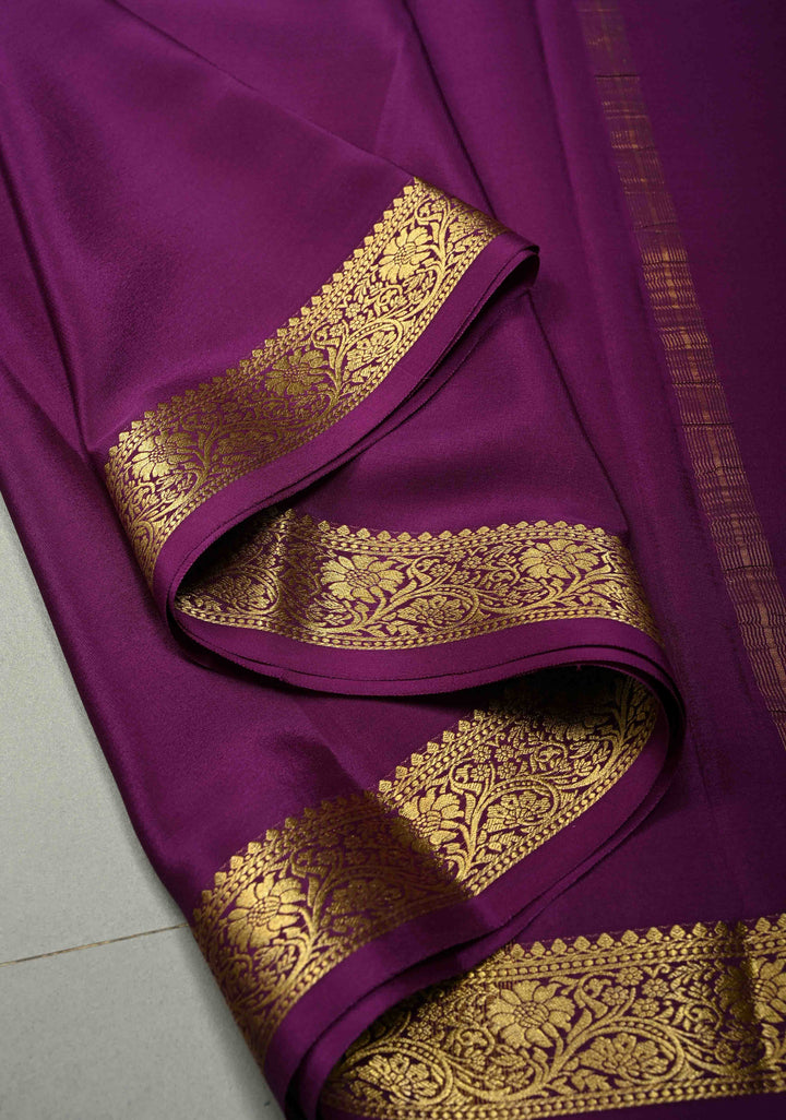 Eggplant Purple Mysore Silk Saree with Minimal Floral Zari Border  | SILK MARK CERTIFIED | SHOBITAM
