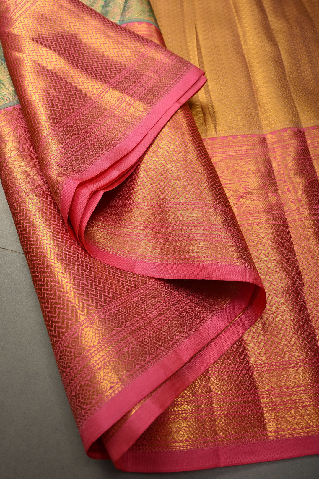 Turquoise-Gold Pure Kanjivaram Tissue Silk Saree with Meenakari Pashmina Style Brocade and Contrast Wide Zari Border | SILK MARK CERTIFIED | SHOBITAM