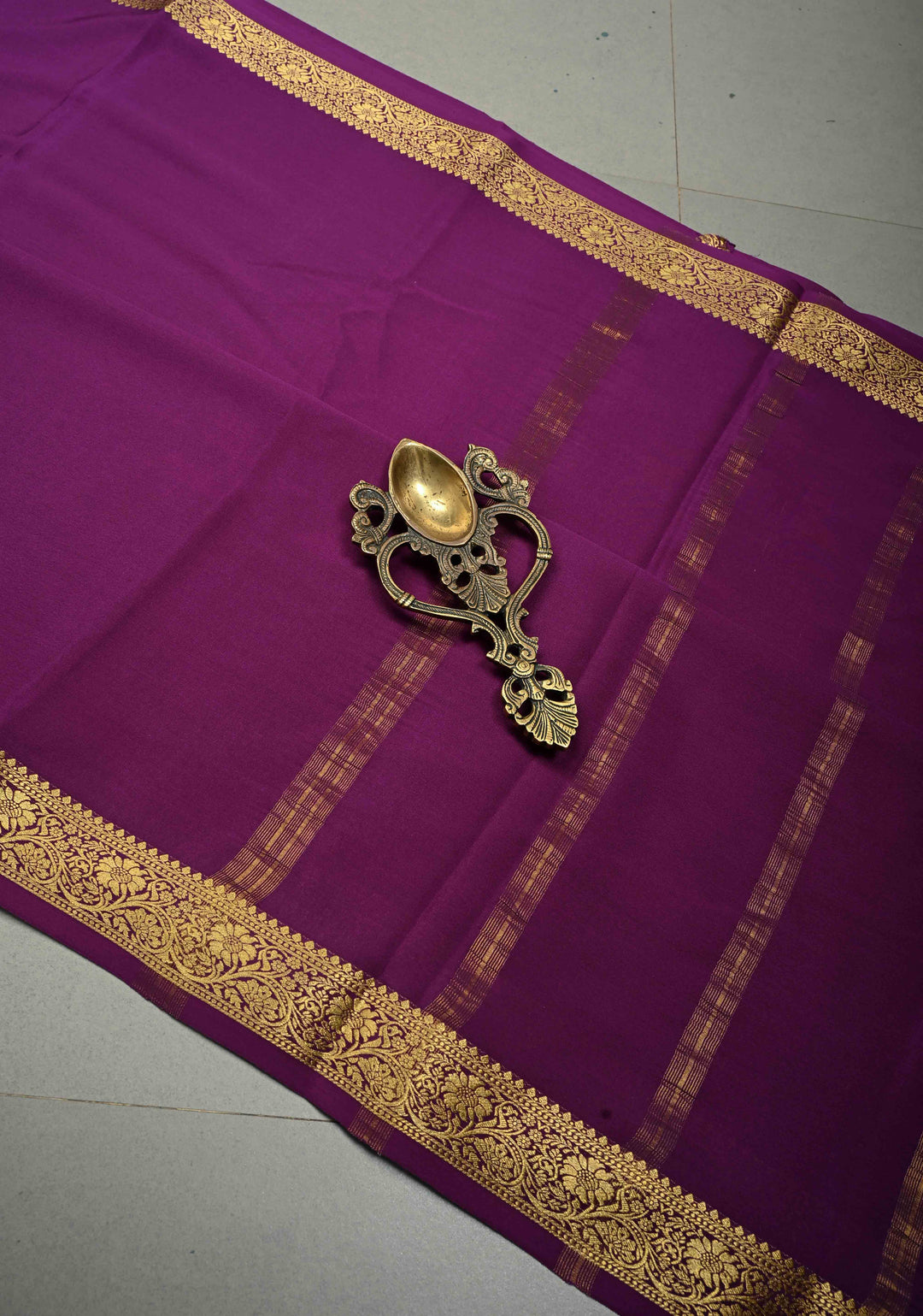 Eggplant Purple Mysore Silk Saree with Minimal Floral Zari Border  | SILK MARK CERTIFIED | SHOBITAM