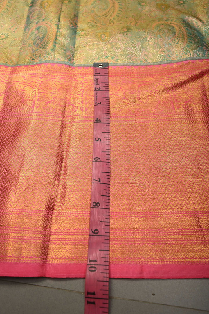 Turquoise-Gold Pure Kanjivaram Tissue Silk Saree with Meenakari Pashmina Style Brocade and Contrast Wide Zari Border | SILK MARK CERTIFIED | SHOBITAM