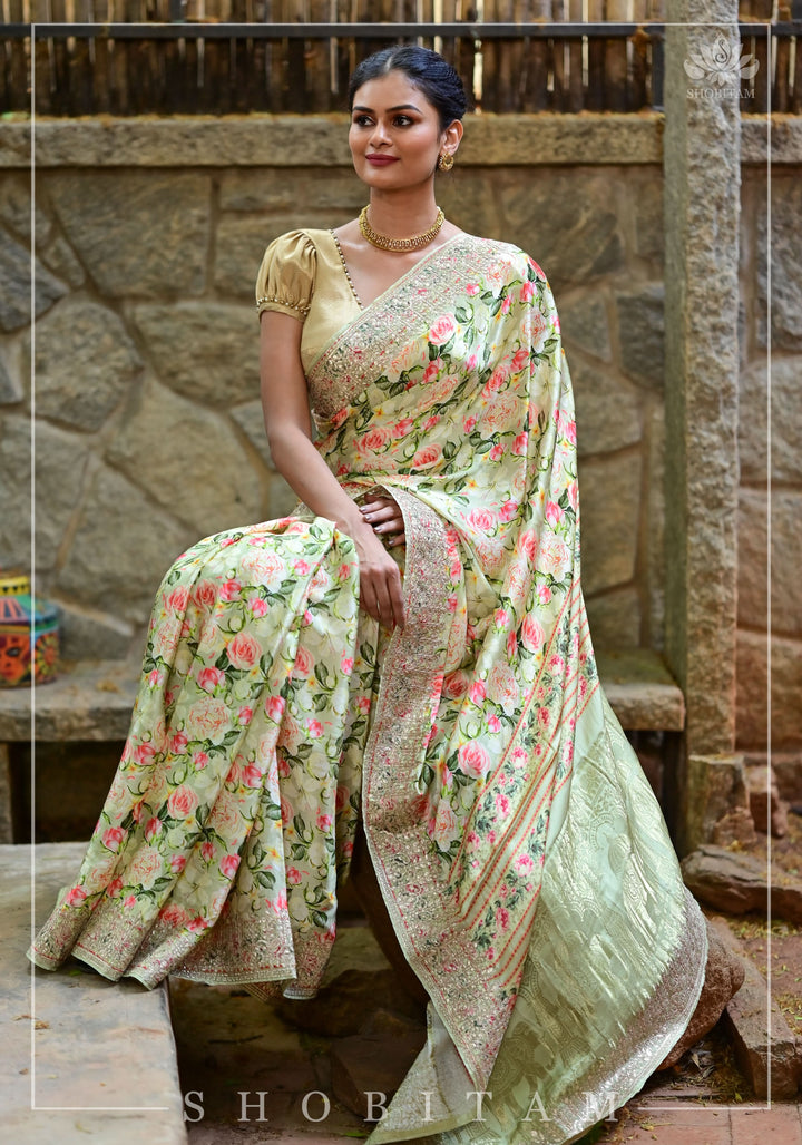Gajji Silk Saree with Floral Print and Gotta Patti Border in Cream