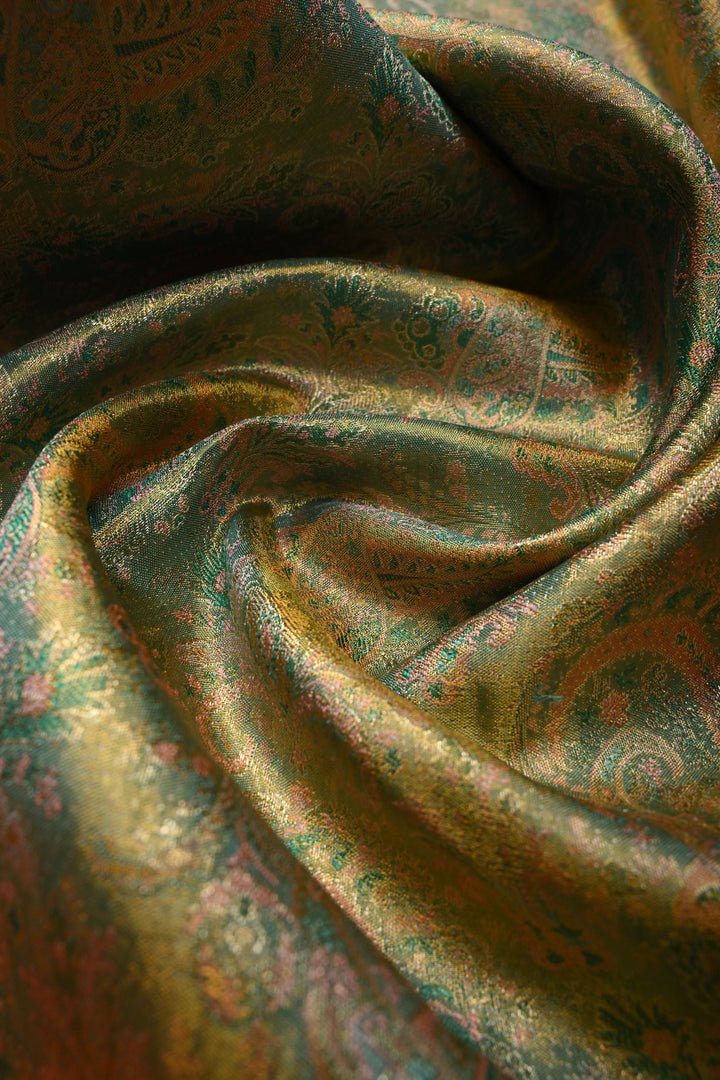 Turquoise-Gold Pure Kanjivaram Tissue Silk Saree with Meenakari Pashmina Style Brocade and Contrast Wide Zari Border | SILK MARK CERTIFIED | SHOBITAM