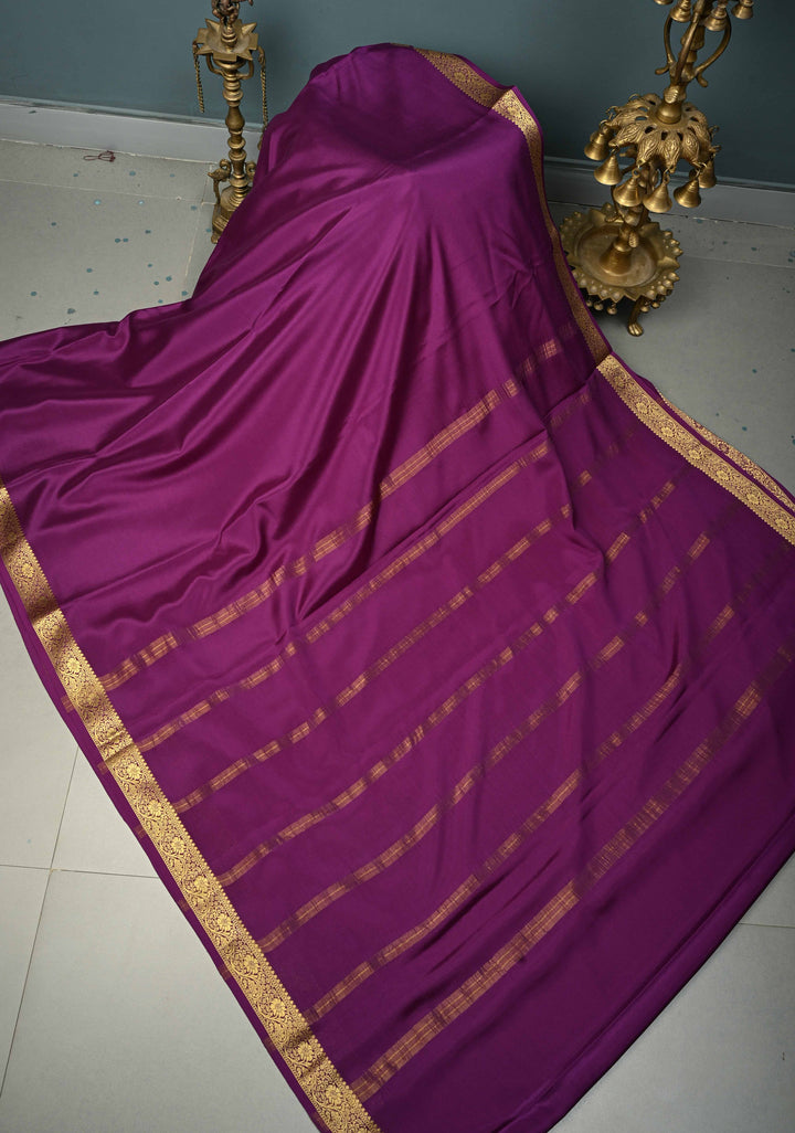 Eggplant Purple Mysore Silk Saree with Minimal Floral Zari Border  | SILK MARK CERTIFIED | SHOBITAM