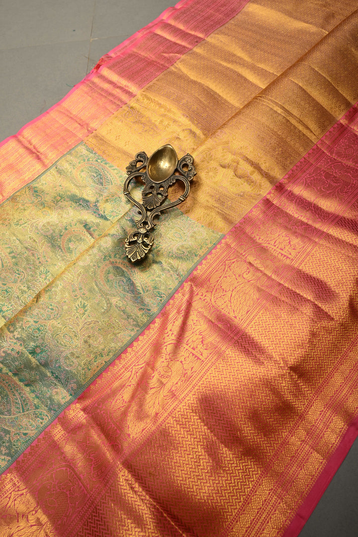 Turquoise-Gold Pure Kanjivaram Tissue Silk Saree with Meenakari Pashmina Style Brocade and Contrast Wide Zari Border | SILK MARK CERTIFIED | SHOBITAM