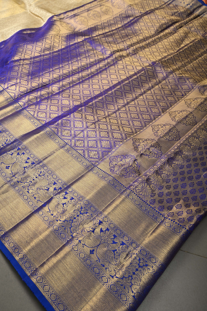 Talambralu Ivory-Gold Pure Kanjivaram Tissue Silk Saree with Floral Brocade Jaal and Contrast Zari Border | SILK MARK CERTIFIED | SHOBITAM