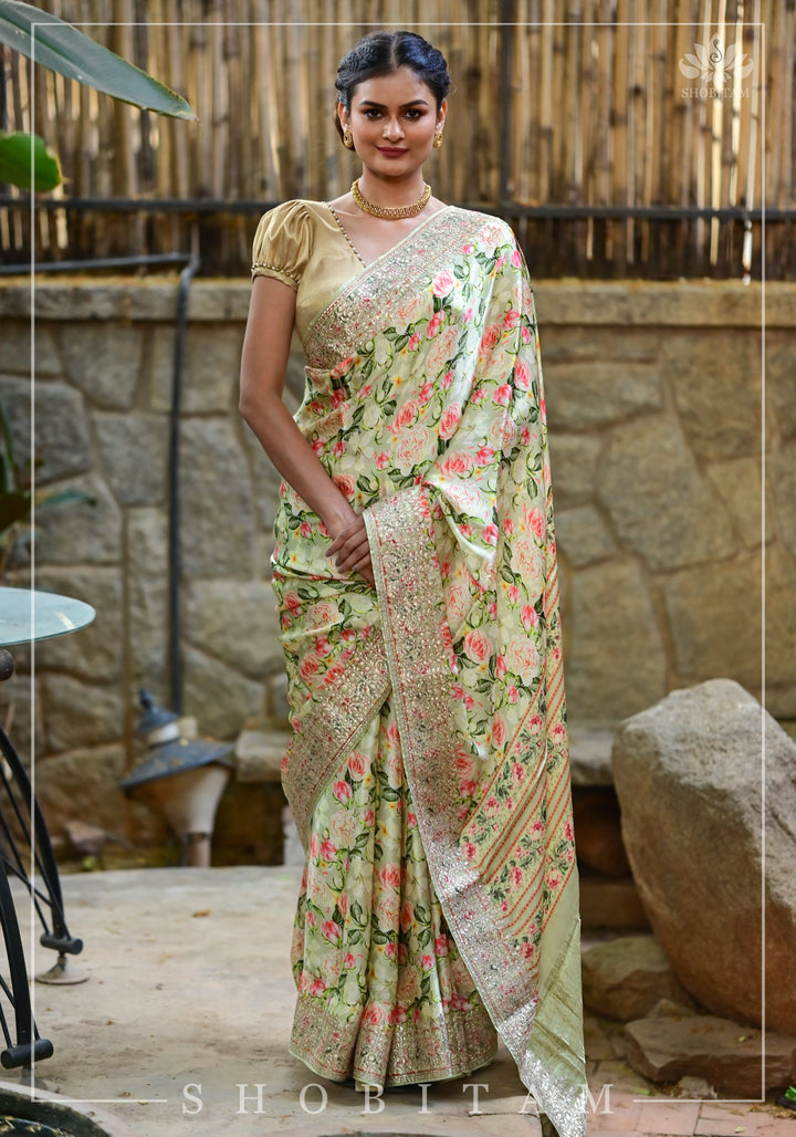 Gajji Silk Saree with Floral Print and Gotta Patti Border in Cream