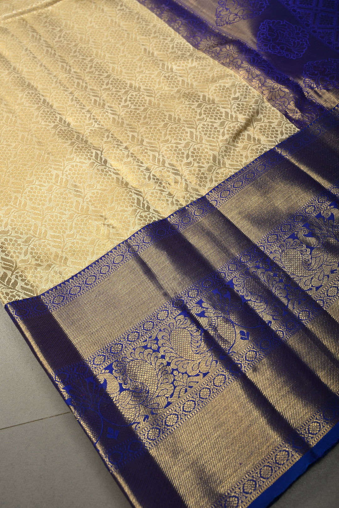 Talambralu Ivory-Gold Pure Kanjivaram Tissue Silk Saree with Floral Brocade Jaal and Contrast Zari Border | SILK MARK CERTIFIED | SHOBITAM