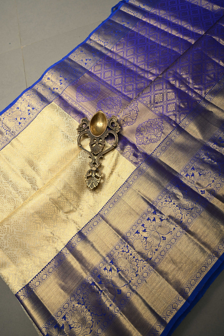 Talambralu Ivory-Gold Pure Kanjivaram Tissue Silk Saree with Floral Brocade Jaal and Contrast Zari Border | SILK MARK CERTIFIED | SHOBITAM