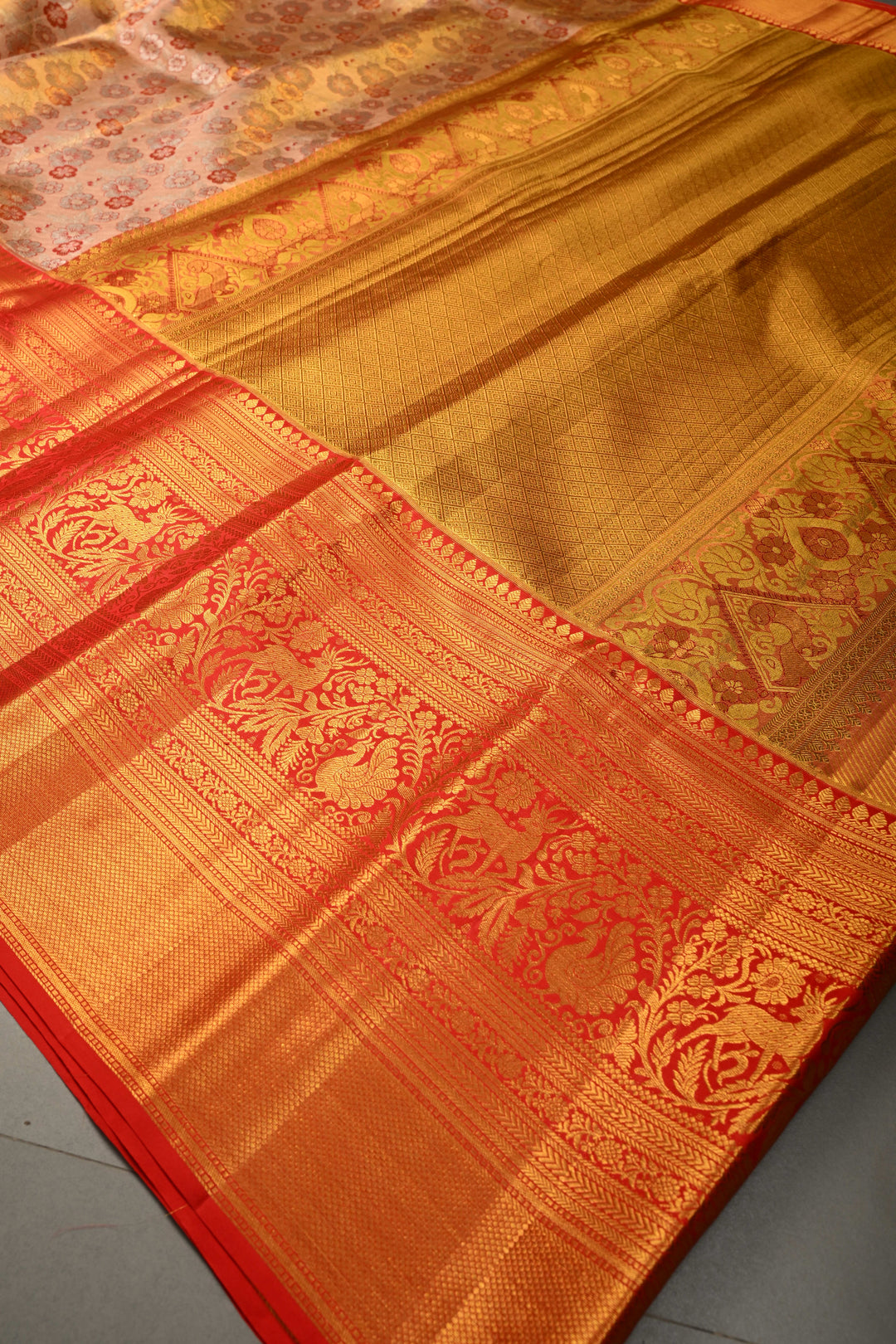 Peachy-Pink Dual Tone Pure Kanjivaram Tissue Silk Saree with Meenakari Floral Brocade and Contrast Zari Border | SILK MARK CERTIFIED | SHOBITAM
