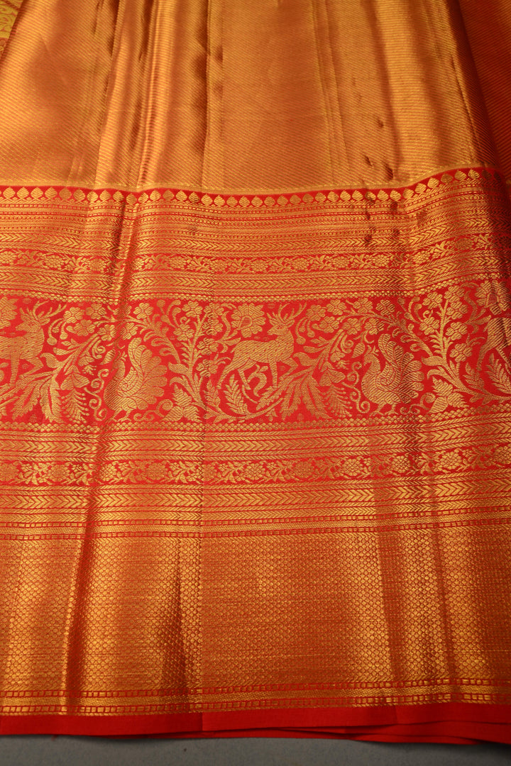 Peachy-Pink Dual Tone Pure Kanjivaram Tissue Silk Saree with Meenakari Floral Brocade and Contrast Zari Border | SILK MARK CERTIFIED | SHOBITAM
