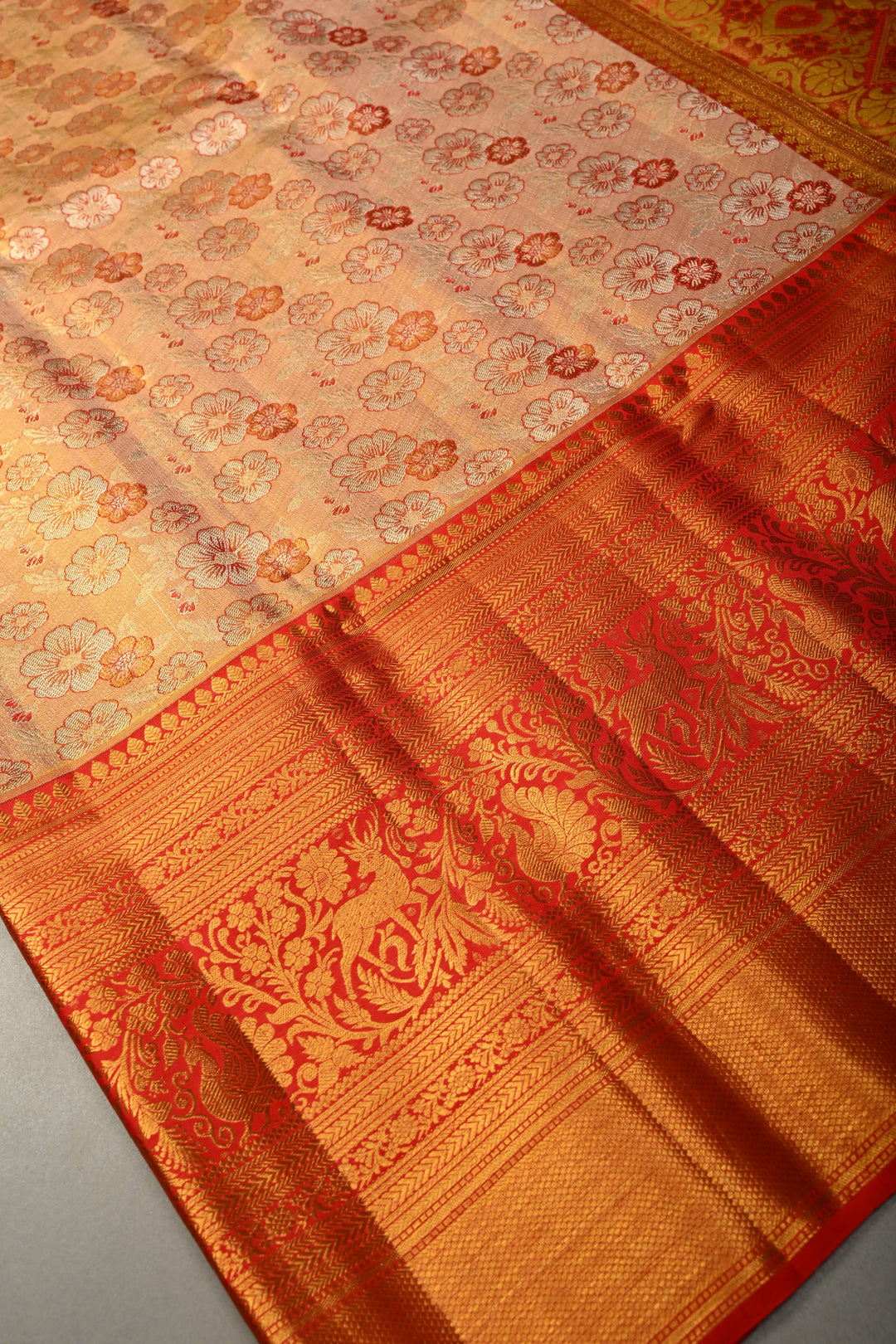 Peachy-Pink Dual Tone Pure Kanjivaram Tissue Silk Saree with Meenakari Floral Brocade and Contrast Zari Border | SILK MARK CERTIFIED | SHOBITAM