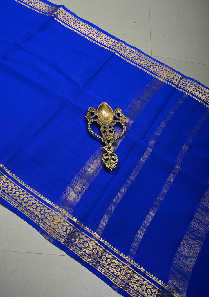 Purplish Blue Mysore Silk Saree with Minimal Zari Border  | SILK MARK CERTIFIED | SHOBITAM