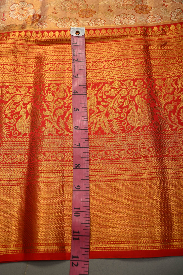 Peachy-Pink Dual Tone Pure Kanjivaram Tissue Silk Saree with Meenakari Floral Brocade and Contrast Zari Border | SILK MARK CERTIFIED | SHOBITAM