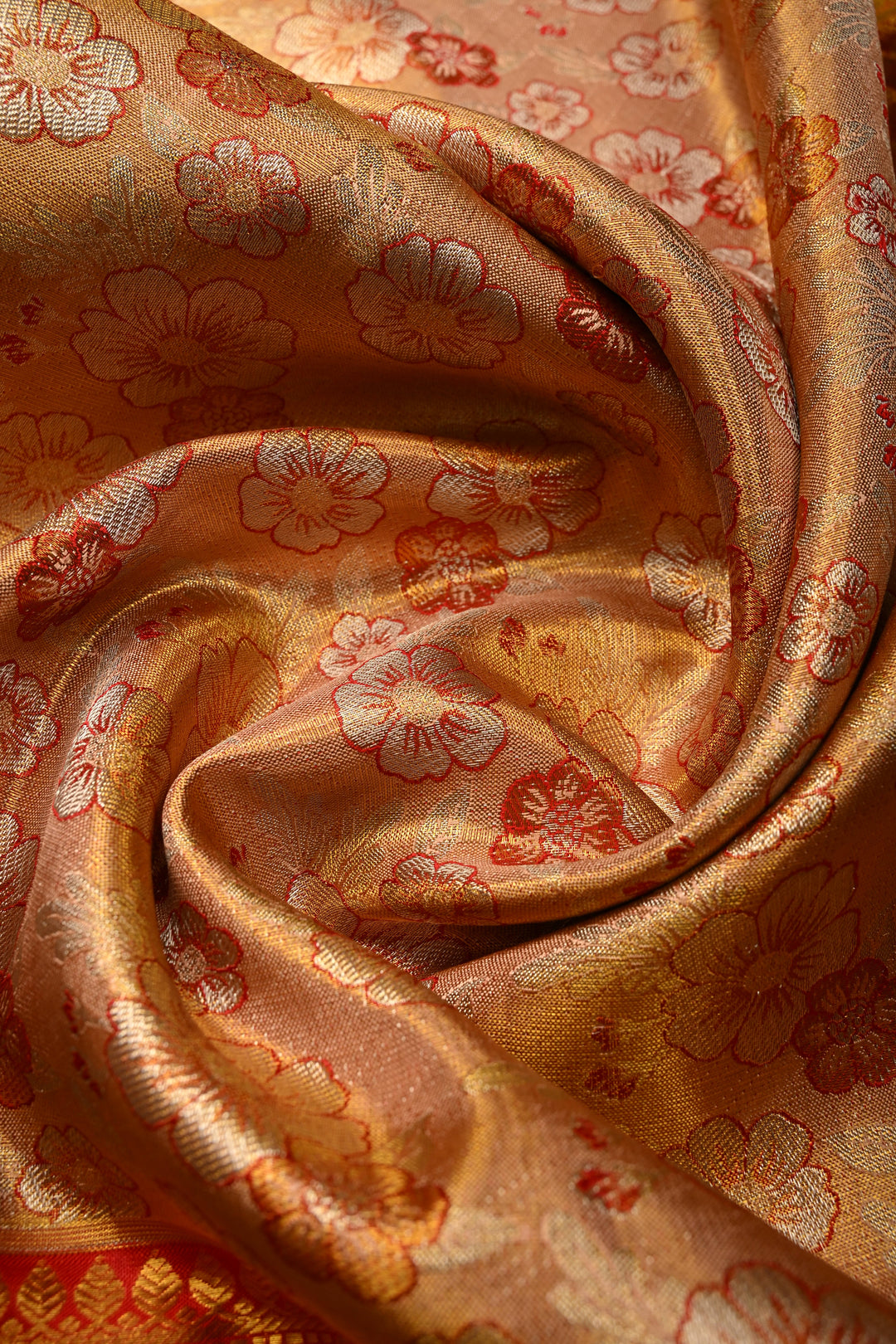 Peachy-Pink Dual Tone Pure Kanjivaram Tissue Silk Saree with Meenakari Floral Brocade and Contrast Zari Border | SILK MARK CERTIFIED | SHOBITAM