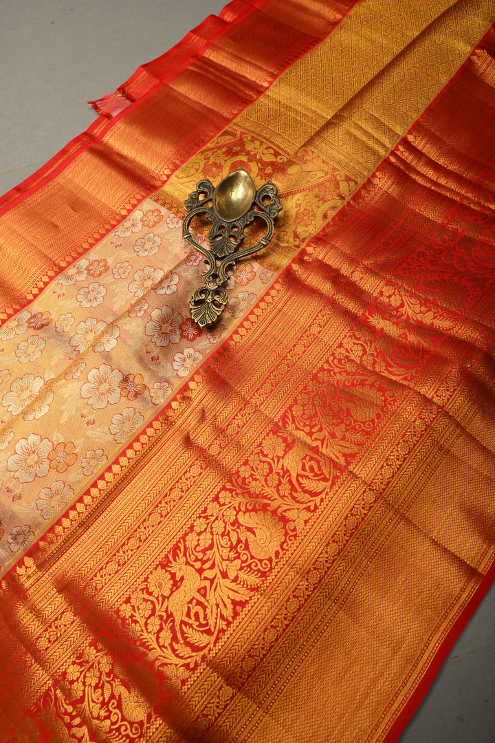 Peachy-Pink Dual Tone Pure Kanjivaram Tissue Silk Saree with Meenakari Floral Brocade and Contrast Zari Border | SILK MARK CERTIFIED | SHOBITAM