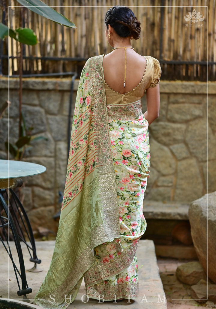 Gajji Silk Saree with Floral Print and Gotta Patti Border in Cream