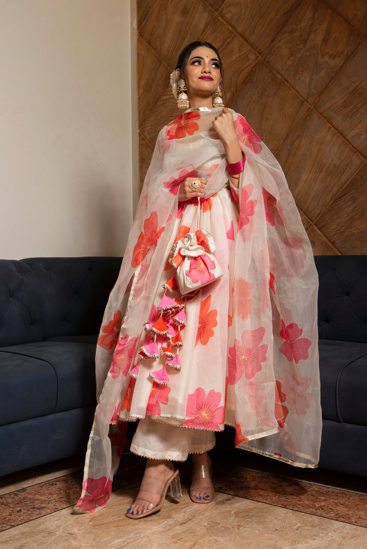 CARNATION OFF WHITE ANARKALI SET | SHOBITAM