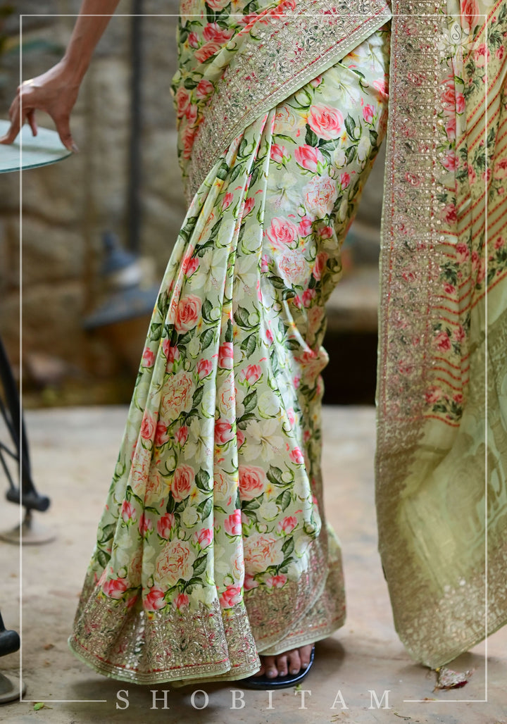 Gajji Silk Saree with Floral Print and Gotta Patti Border in Cream