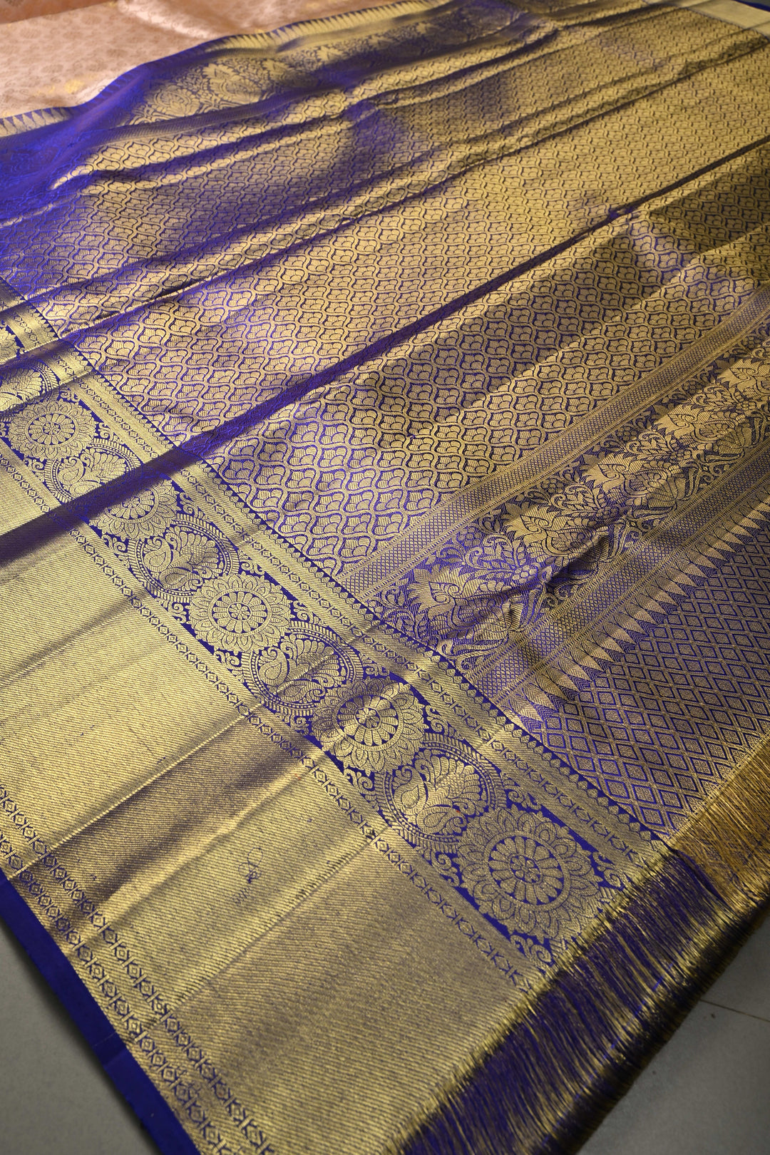 Talambralu Blush Pink-Gold Pure Kanjivaram Tissue Silk Saree with Brocade Jaal and Contrast Zari Border | SILK MARK CERTIFIED | SHOBITAM