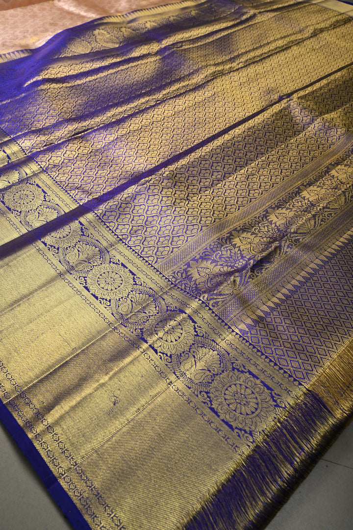 Talambralu Blush Pink-Gold Pure Kanjivaram Tissue Silk Saree with Brocade Jaal and Contrast Zari Border | SILK MARK CERTIFIED | SHOBITAM