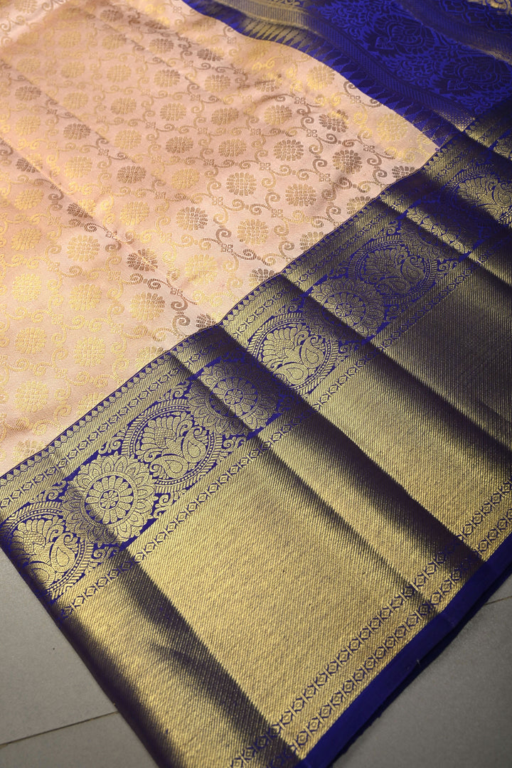 Talambralu Blush Pink-Gold Pure Kanjivaram Tissue Silk Saree with Brocade Jaal and Contrast Zari Border | SILK MARK CERTIFIED | SHOBITAM
