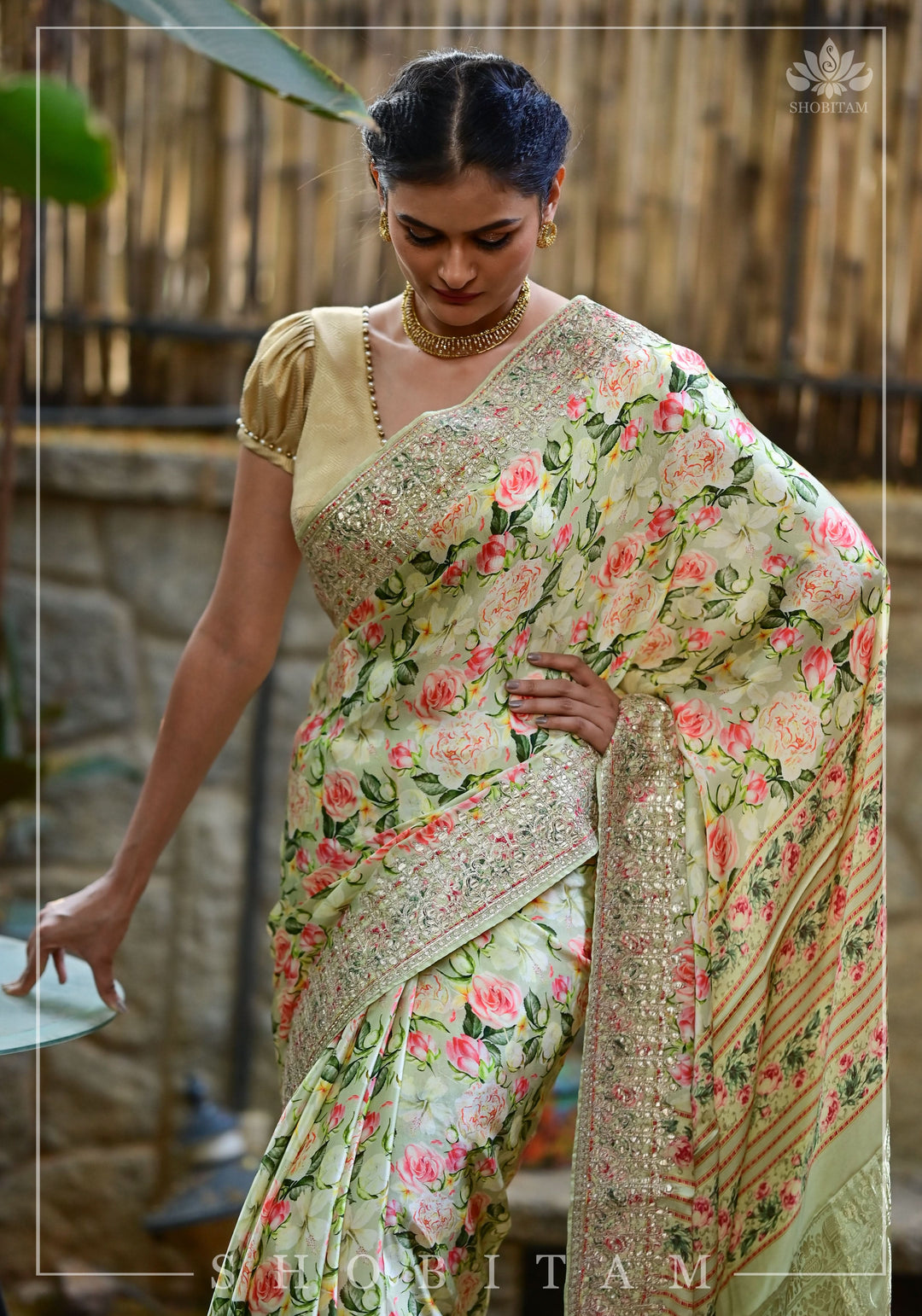 Gajji Silk Saree with Floral Print and Gotta Patti Border in Cream