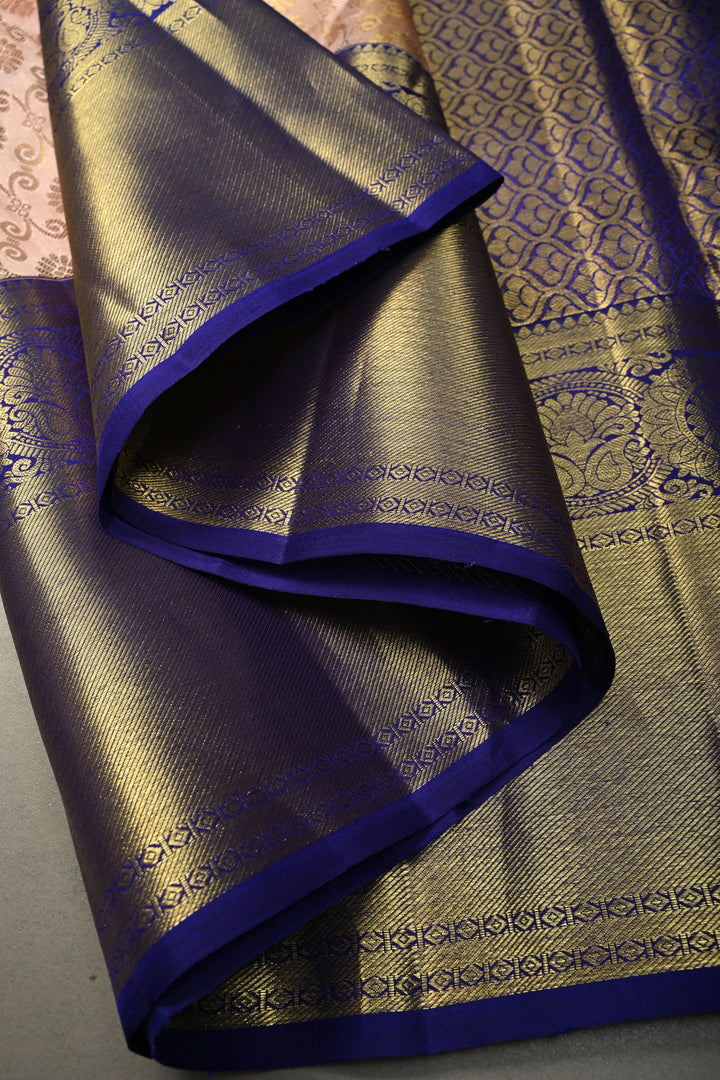 Talambralu Blush Pink-Gold Pure Kanjivaram Tissue Silk Saree with Brocade Jaal and Contrast Zari Border | SILK MARK CERTIFIED | SHOBITAM