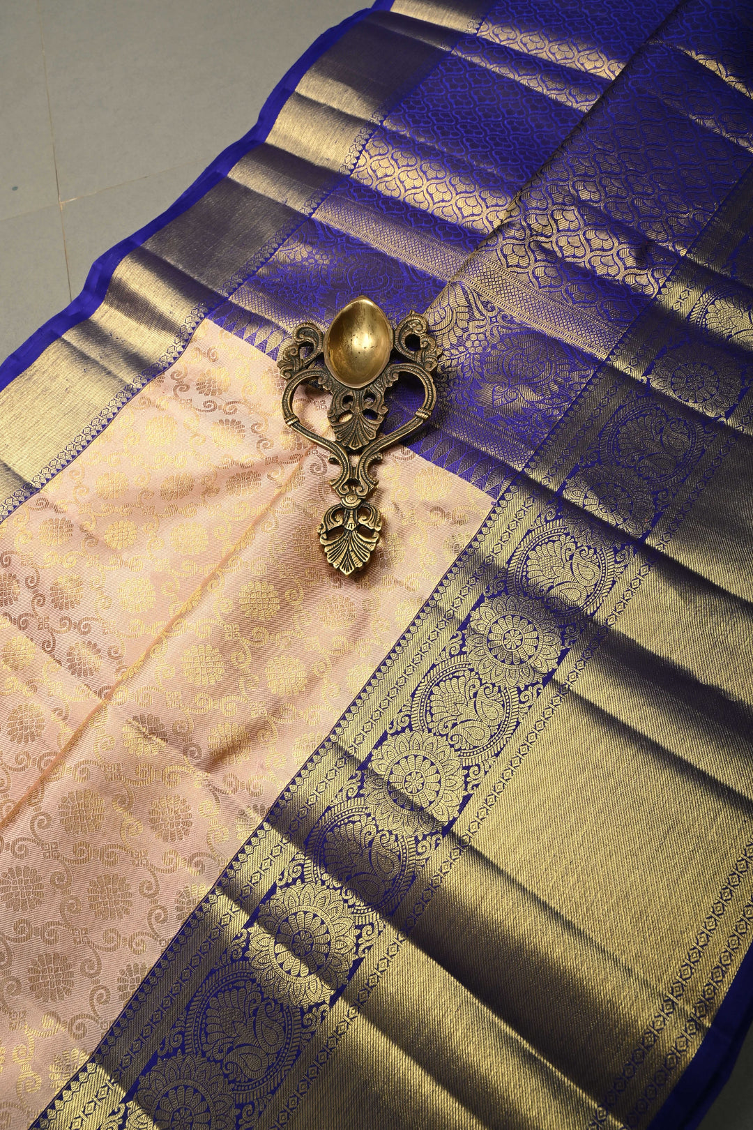 Talambralu Blush Pink-Gold Pure Kanjivaram Tissue Silk Saree with Brocade Jaal and Contrast Zari Border | SILK MARK CERTIFIED | SHOBITAM