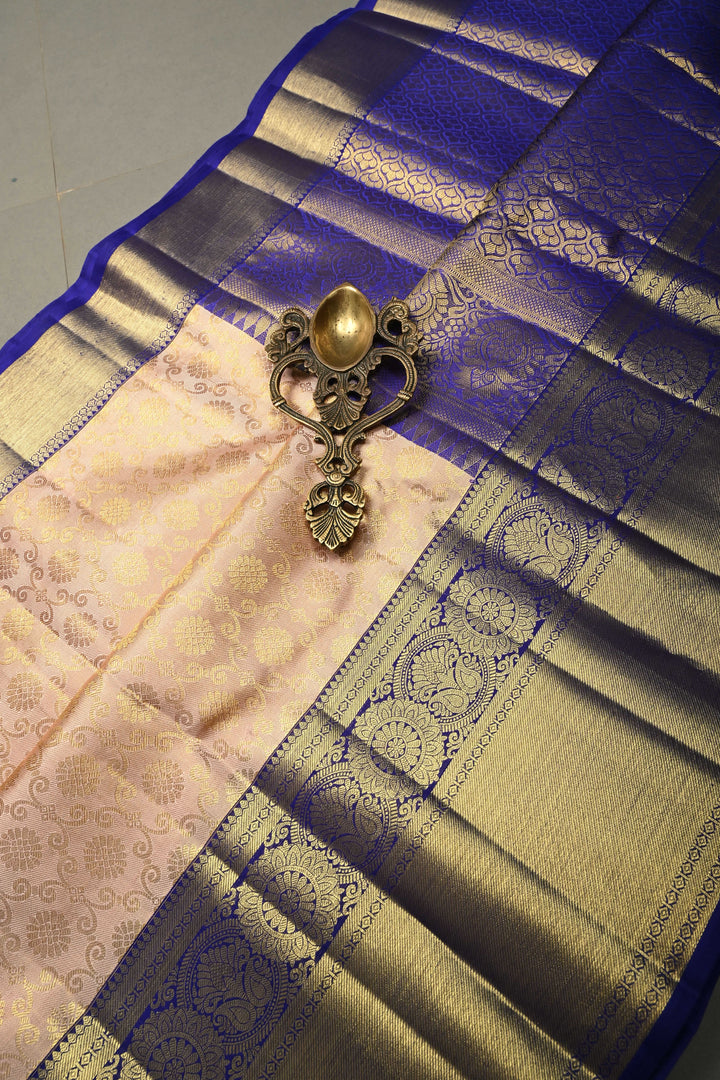 Talambralu Blush Pink-Gold Pure Kanjivaram Tissue Silk Saree with Brocade Jaal and Contrast Zari Border | SILK MARK CERTIFIED | SHOBITAM