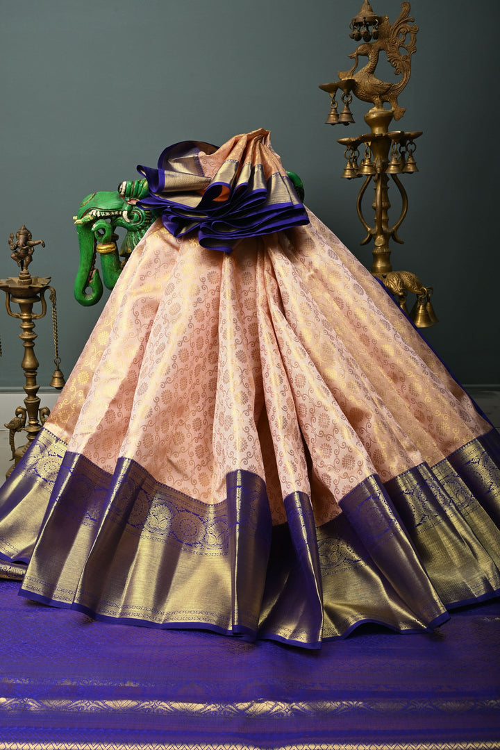 Talambralu Blush Pink-Gold Pure Kanjivaram Tissue Silk Saree with Brocade Jaal and Contrast Zari Border | SILK MARK CERTIFIED | SHOBITAM