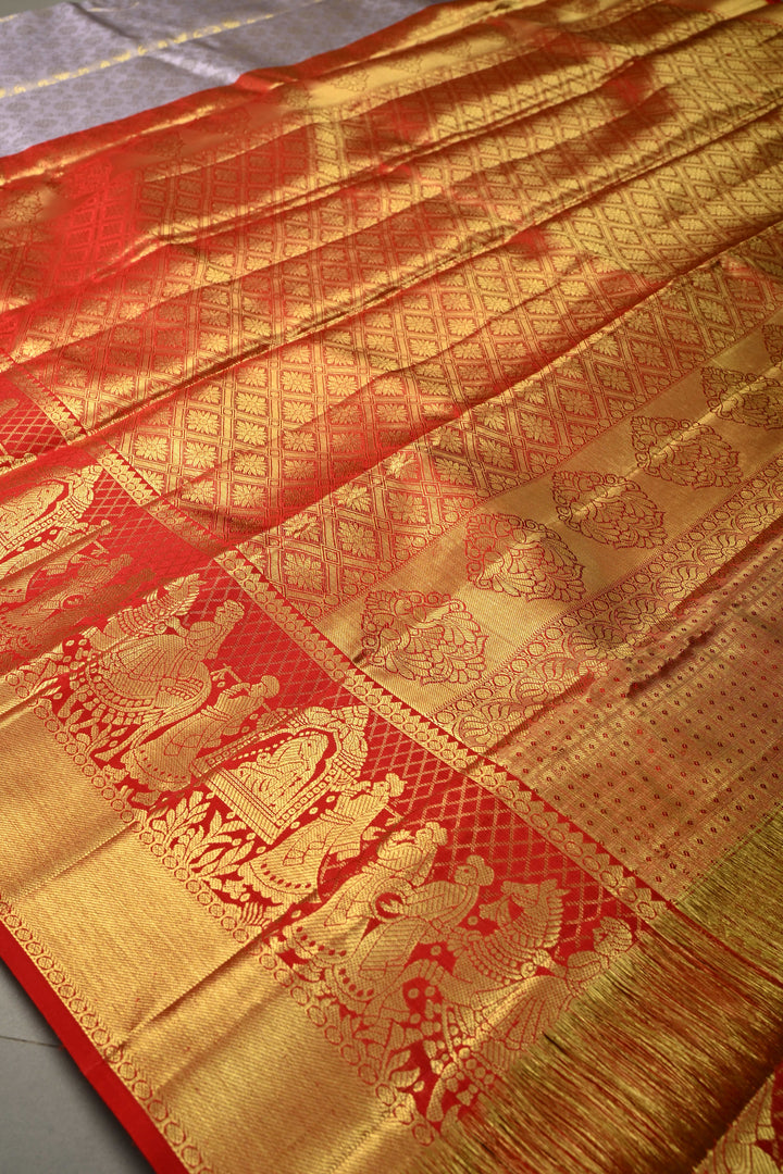 Talambralu Lilac-Gold Pure Kanjivaram Tissue Silk Saree with Brocade Jaal and Contrast Doli-Baraat Zari Border | SILK MARK CERTIFIED | SHOBITAM