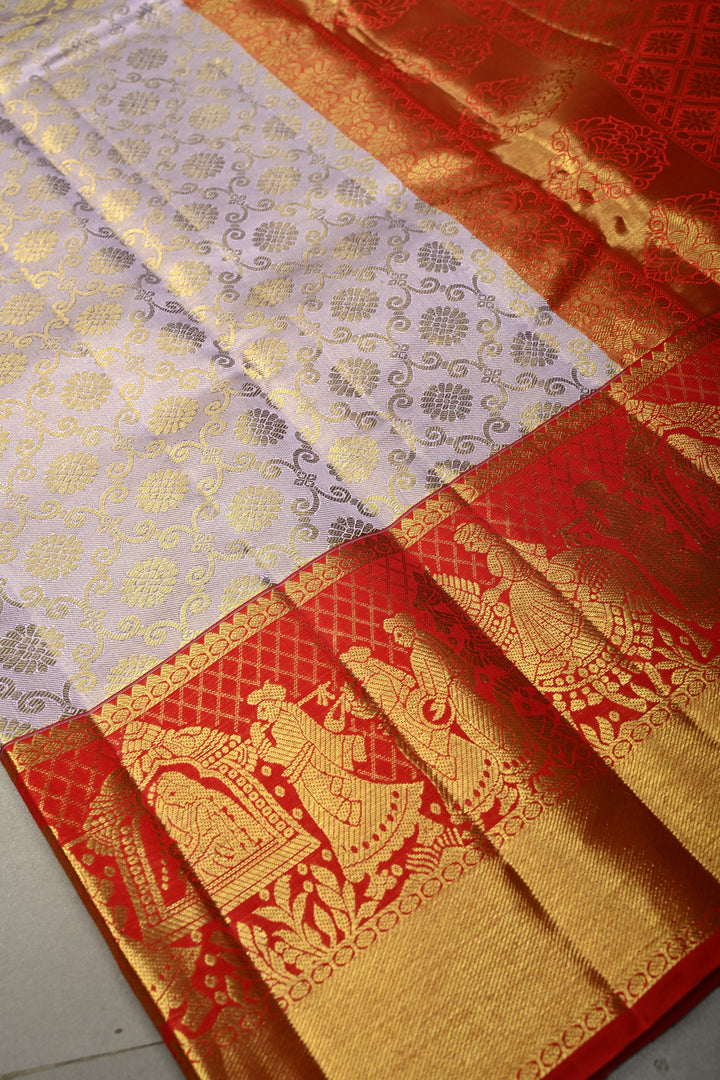 Talambralu Lilac-Gold Pure Kanjivaram Tissue Silk Saree with Brocade Jaal and Contrast Doli-Baraat Zari Border | SILK MARK CERTIFIED | SHOBITAM