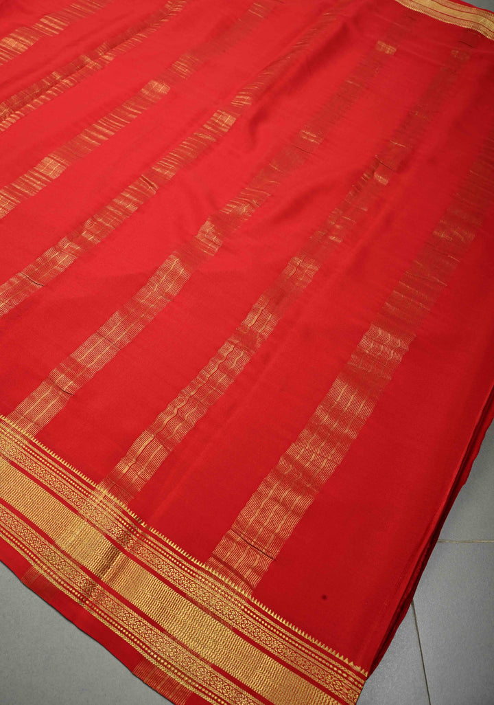 Blood Red Mysore Silk Saree with Zari Border  | SILK MARK CERTIFIED | SHOBITAM