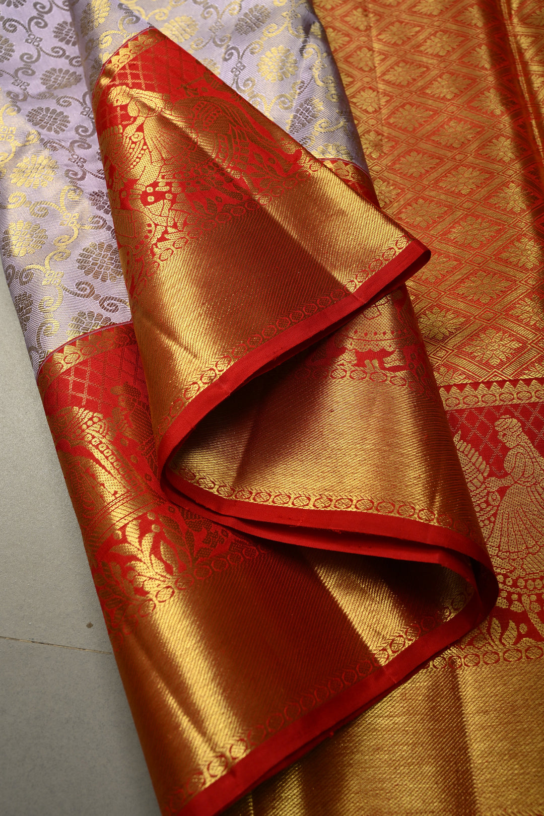Talambralu Lilac-Gold Pure Kanjivaram Tissue Silk Saree with Brocade Jaal and Contrast Doli-Baraat Zari Border | SILK MARK CERTIFIED | SHOBITAM