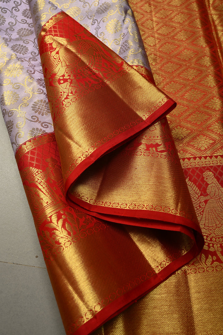 Talambralu Lilac-Gold Pure Kanjivaram Tissue Silk Saree with Brocade Jaal and Contrast Doli-Baraat Zari Border | SILK MARK CERTIFIED | SHOBITAM