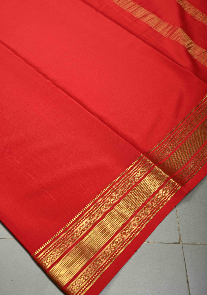 Blood Red Mysore Silk Saree with Zari Border  | SILK MARK CERTIFIED | SHOBITAM