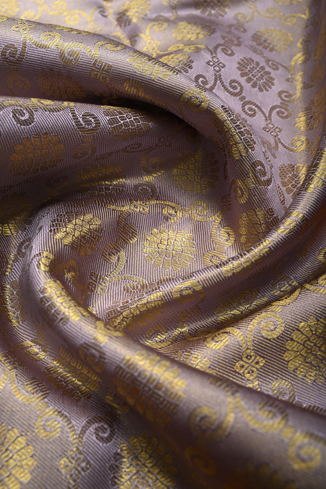 Talambralu Lilac-Gold Pure Kanjivaram Tissue Silk Saree with Brocade Jaal and Contrast Doli-Baraat Zari Border | SILK MARK CERTIFIED | SHOBITAM
