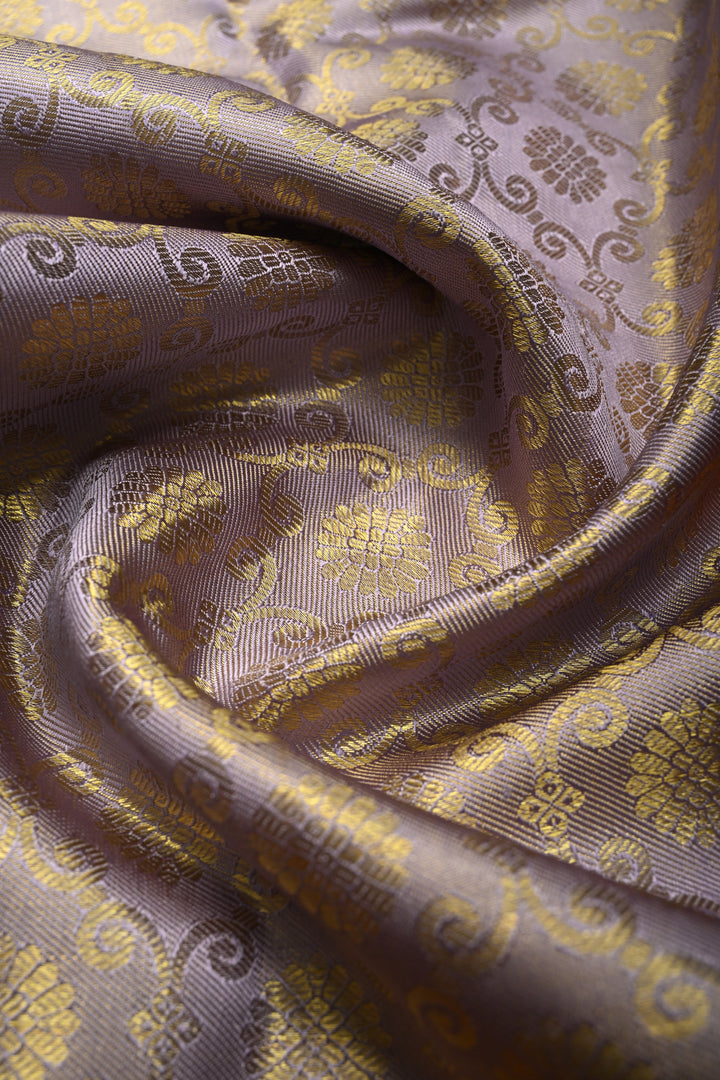 Talambralu Lilac-Gold Pure Kanjivaram Tissue Silk Saree with Brocade Jaal and Contrast Doli-Baraat Zari Border | SILK MARK CERTIFIED | SHOBITAM