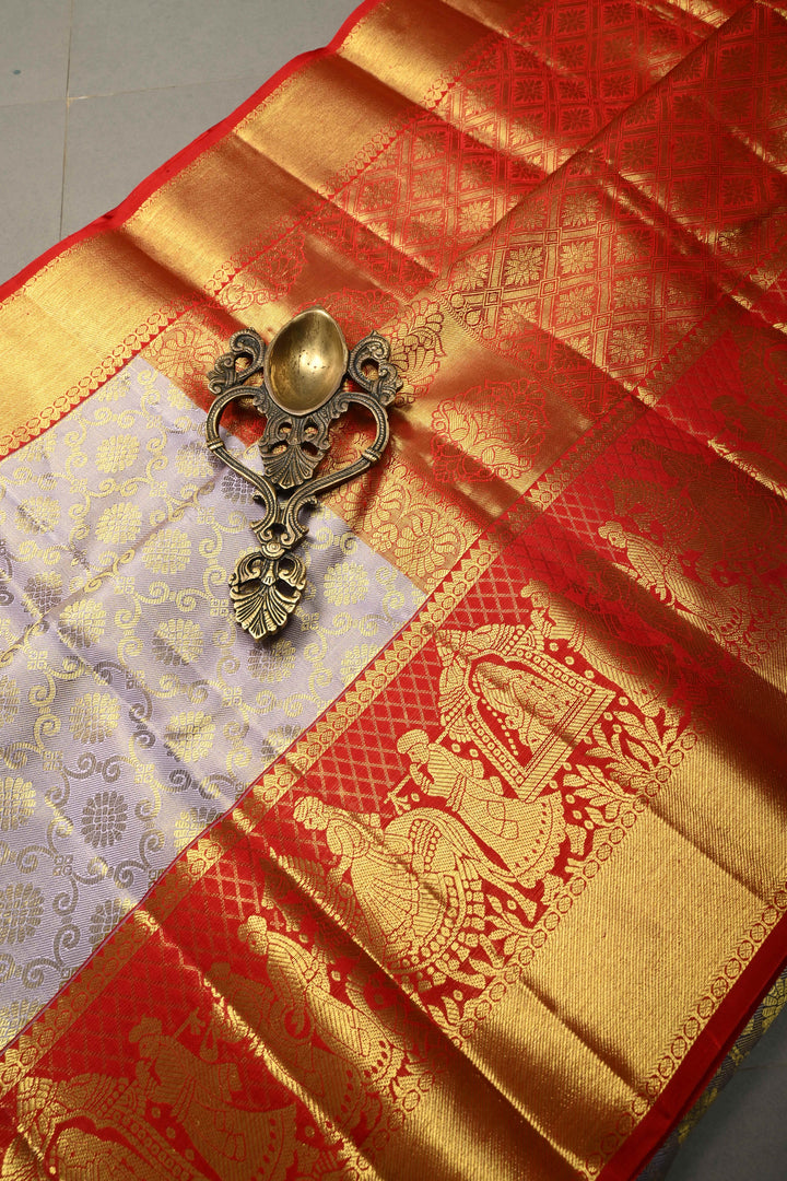 Talambralu Lilac-Gold Pure Kanjivaram Tissue Silk Saree with Brocade Jaal and Contrast Doli-Baraat Zari Border | SILK MARK CERTIFIED | SHOBITAM