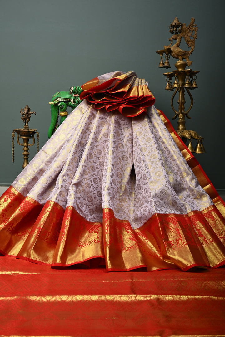 Talambralu Lilac-Gold Pure Kanjivaram Tissue Silk Saree with Brocade Jaal and Contrast Doli-Baraat Zari Border | SILK MARK CERTIFIED | SHOBITAM