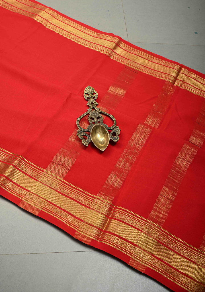 Blood Red Mysore Silk Saree with Zari Border  | SILK MARK CERTIFIED | SHOBITAM