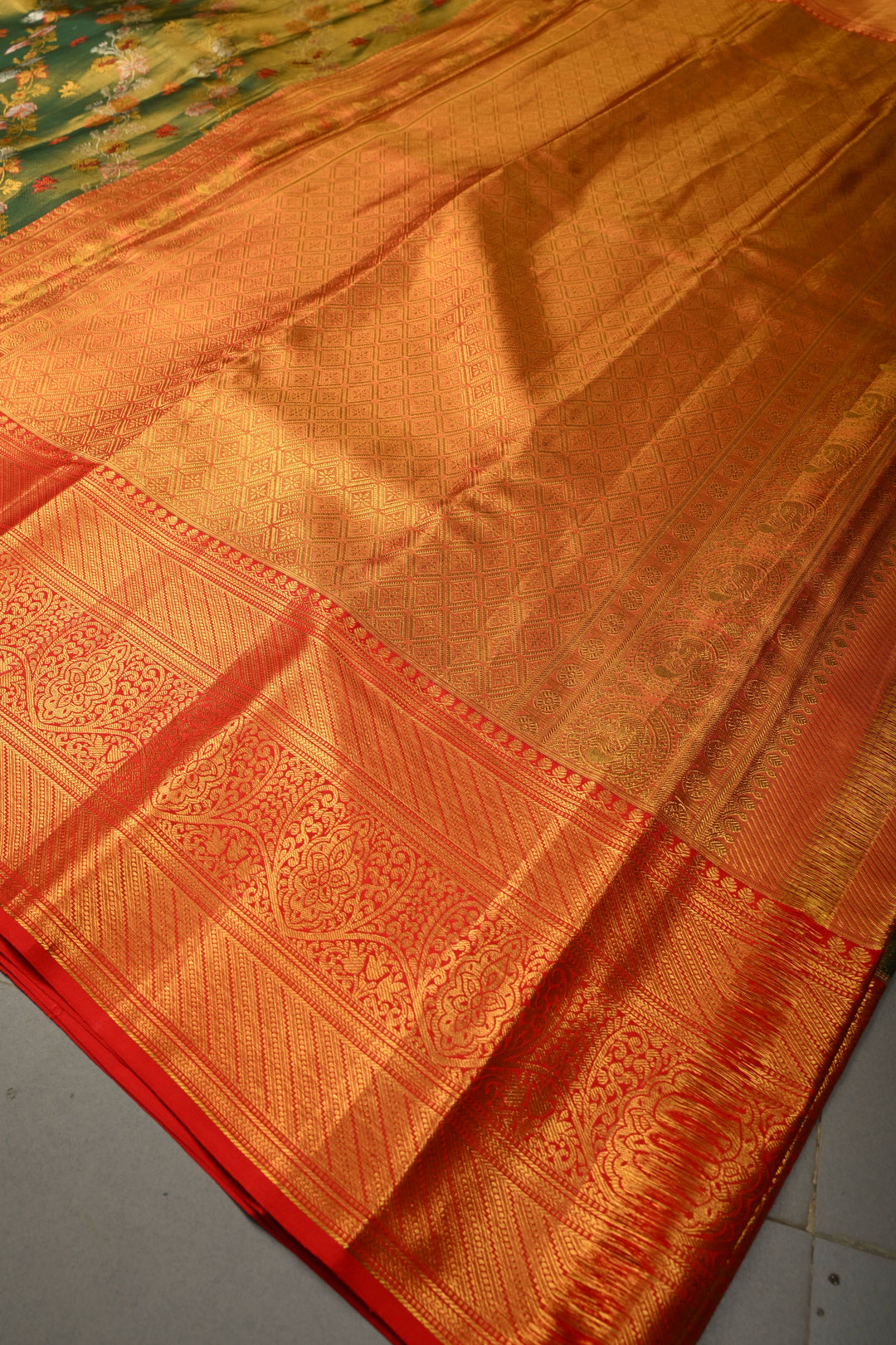 Green Pure Kanjivaram Tissue Silk Saree with Leheria  Meenakari Floral Jaal and Contrast Zari Border | SILK MARK CERTIFIED | SHOBITAM
