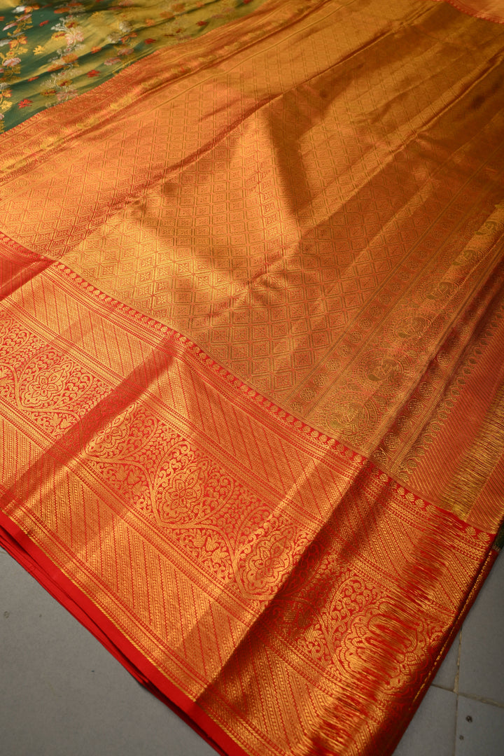 Green Pure Kanjivaram Tissue Silk Saree with Leheria  Meenakari Floral Jaal and Contrast Zari Border | SILK MARK CERTIFIED | SHOBITAM