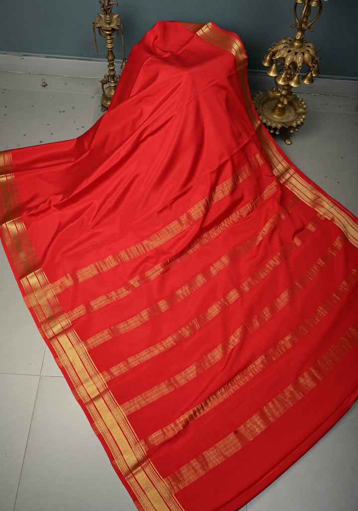 Blood Red Mysore Silk Saree with Zari Border  | SILK MARK CERTIFIED | SHOBITAM