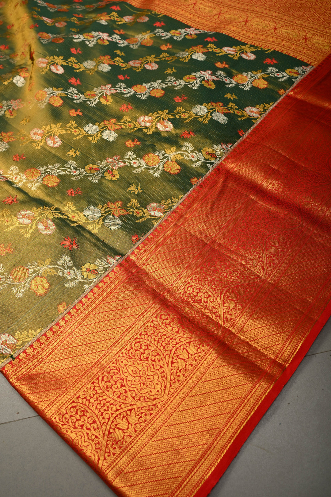 Green Pure Kanjivaram Tissue Silk Saree with Leheria  Meenakari Floral Jaal and Contrast Zari Border | SILK MARK CERTIFIED | SHOBITAM